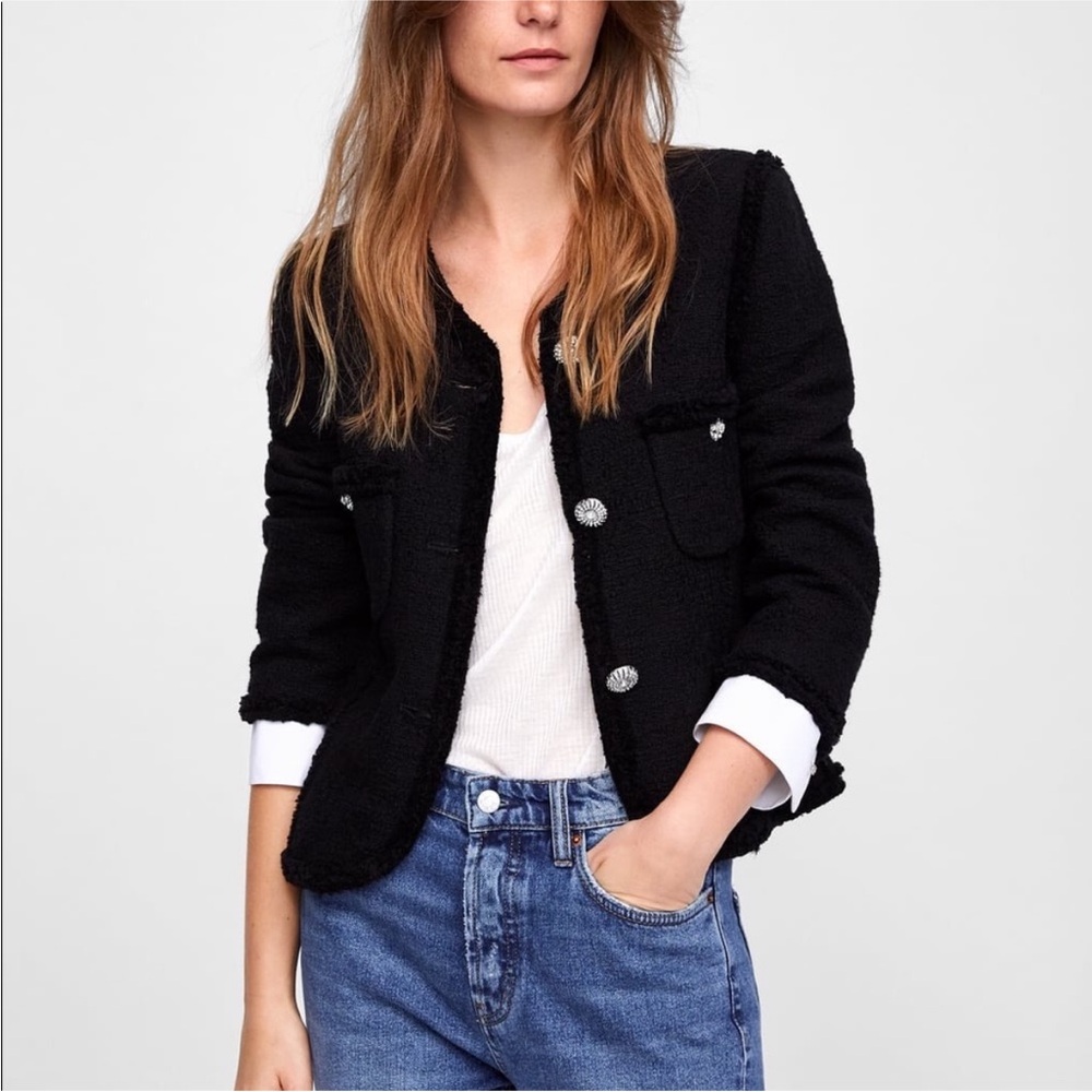 Zara Tweed Jacket Blazer w/ Crystal Rhinestone Buttons Black/White NEW